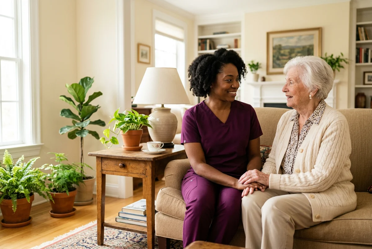 A Black female caregiver sharing a warm conversation with an elderly white woman at home